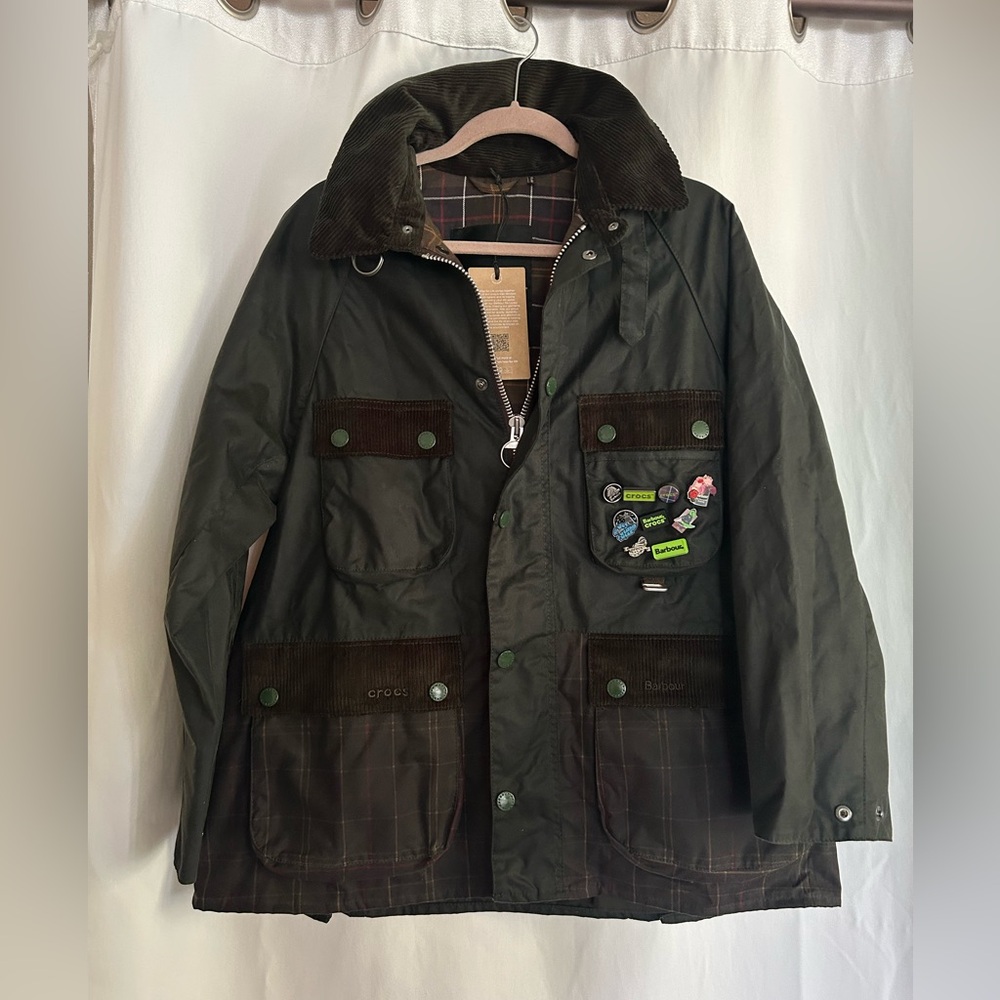 NWT BARBOUR X CROCS SIZE SMALL BEDALE WAX JACKET TARTAN FOREST GREEN EXCLUSIVE